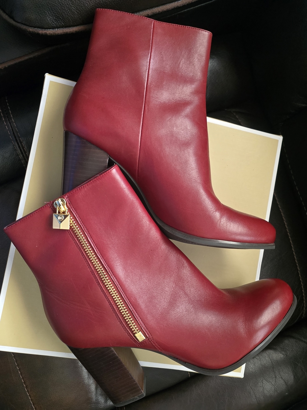 Michael Kors Red Leather Ankle Booties with Gold Zip